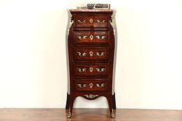 French 1910 Antique Bombe Rosewood & Mahogany Lingerie Chest, Marble Top