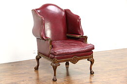 Leather & Carved Mahogany Vintage Wing Chair, Down Cushion, Old Hickory