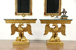 Pair of Classical Marble Top Carved Eagle Vintage Hall Console Tables, Italy