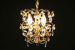 Gold 3 Light Vintage Chandelier, Cut Crystal Prisms, Bath or Hall Size, Sciolari