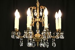 Chandelier, Vintage Brass with 8 Candles, Cut Prisms