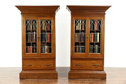 Pair 1900 Antique Oak Bookcases or Display Cabinets, Gothic Leaded Glass Doors