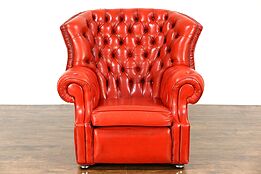 Red Tufted Leather Vintage Scandinavian Traditional Wing Chair