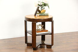 Art Deco Oak 1930's Vintage Lamp or End Table, Marble Top