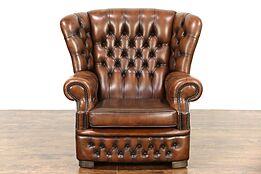 Tufted Brown Leather Vintage Scandinavian Wing Chair