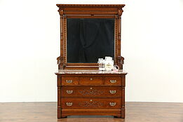 Victorian 1890 Antique Oak Marble Top Chest or Dresser, Beveled Mirror
