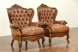 Italian Tufted Leather Vintage Pair of Wing Chairs, Hand Carved Frames #30524