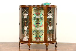 English Art Deco 1930's Vintage Curio Display Cabinet, Stained Glass Light