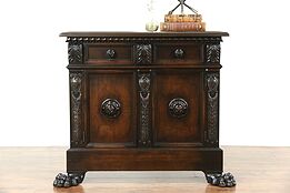 Italian Antique Hall Console Cabinet or Sideboard, Carved Walnut Lion Paw Feet