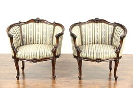 Pair of French Louis XIV Hand Carved Walnut 1920 Antique Salon Chairs