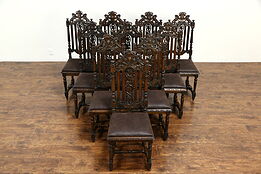 Set of 10 Antique Black Forest Oak & Leather Dining Chairs, Carved Grapevines