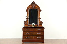 Victorian 1865 Antique Carved Walnut Chest or Dresser, Marble Top, Swivel Mirror