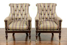 Pair Kravet Signed Tufted Chairs, Hand Made, Brass Wheels