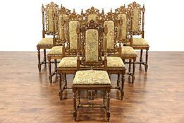 Set of 8 Black Forest Grapevine Carved 1880 Antique Oak Dining Chairs New Fabric