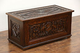 Oak Trunk, Chest or Coffee Table, Hand Carved Coat of Arms, Belgium