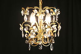Gold 3 Light Vintage Chandelier, Cut Crystal Prisms, Hall or Bath Size, Sciolari