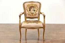 French Carved Vintage Chair, Needlepoint & Petit Point Upholstery