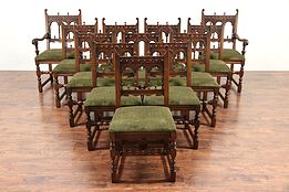 Set of 12 English Tudor Antique Carved Oak Dining Chairs, New Upholstery #29506