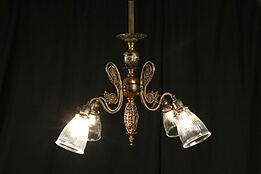 Victorian Antique Filigree Copper over Brass Chandelier, 4 Glass Shades #30683