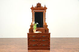 Victorian Eastlake Walnut Antique Dresser, Swivel Mirror, Jewelry Box  #21590