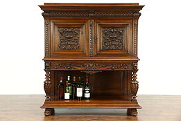 Walnut 1880 French Bar or Dining Room Cabinet, Hand Carved Lions & Heads