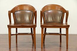 Pair of Oak Antique Banker, Library or Office Chairs, Tan Leather Backs #29934
