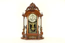 Victorian Walnut Mantel Clock, Angel Statues, Pat. 1881, New Haven #30158