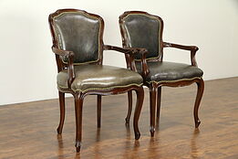 Pair of French Vintage Leather Fauteuil Chairs, Brass Nailhead Trim #31649
