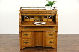 Victorian Eastlake 1885 Antique Oak Roll Top Secretary Desk, Leather Top