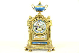 French Antique Bronze Clock, Sevres Blue Porcelain, Ram Heads