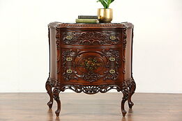 Marble Top Hall Console Cabinet or Chest, 1920's Carved Walnut & Hand Painted