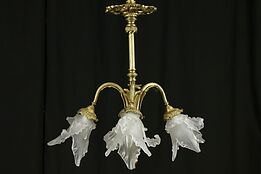 French Antique Solid Brass Chandelier, Blown & Etched Shades #32038