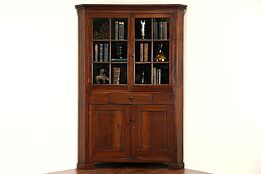 Pennsylvania 1850's Antique Walnut Cupboard Corner Cabinet, Wavy Glass Panes