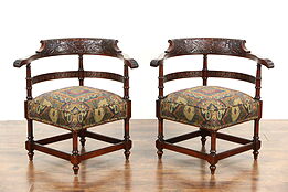 Pair Carved Mahogany Antique 1890 Corner Chairs, New Upholstery