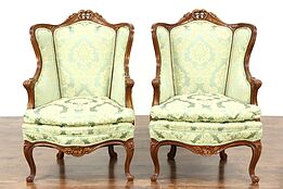 Pair of Carved 1940's Vintage Wing Chairs, Down Cushions, New Upholstery