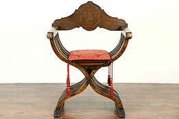 Savonarola Italian Antique 1890's Chair, Inlaid Marquetry