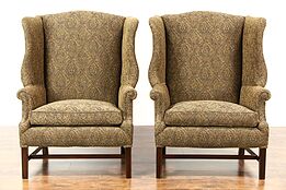 Pair of Large Vintage Mahogany Traditional Wing Chairs, Newly Upholstered