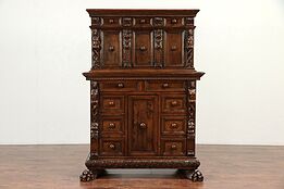 Antique 1750 Walnut Italian Apothecary Cabinet, Carved Figures & Paw Feet #29964