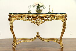 Italian Vintage Baroque Carved Gold Leaf Console Sofa Table, Marble Top #31876