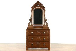 Victorian 1870 Antique Chest or Dresser, Carved Walnut, Mirror, Jewelry Boxes