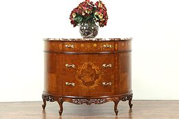 Demilune Half Round Marble Top Console Chest or Cabinet, Marquetry Scene