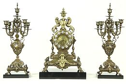 Tiffany Signed Antique French 3 Pc. Clock Set, Candelabra, Lions & Marble #28776
