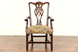 Georgian Chippendale Vintage Carved Desk Chair with Arms, New Upholstery