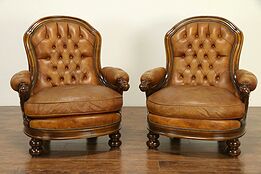 Italian Vintage Tufted Leather Pair Carved Chairs, Down Cushions +#30803