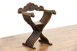 Savonarola Italian 1930's Vintage Hall Chair, Carved Lions