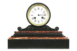 French Black & Red Marble Antique 1880 Mantel Clock, Porcelain Dial