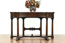 Classical Walnut Hall Console Table, 1940 Vintage Signed Karpen, Carved Columns