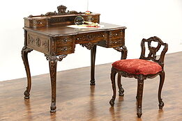 French Style Antique Carved Writing Desk & Chair Set, New Upholstery