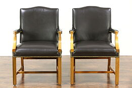 Pair of Leather Office or Library Chairs with Arms, Signed Taylor, Vintage