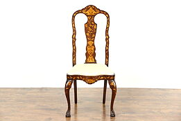 Dutch 1870 Antique Mahogany Marquetry Desk or Side Chair, New Upholstery